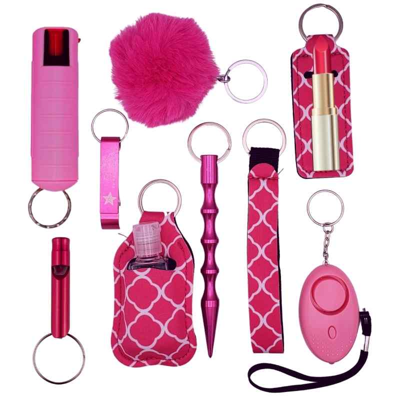 pink pepper spray self defense keychain set fight fobs