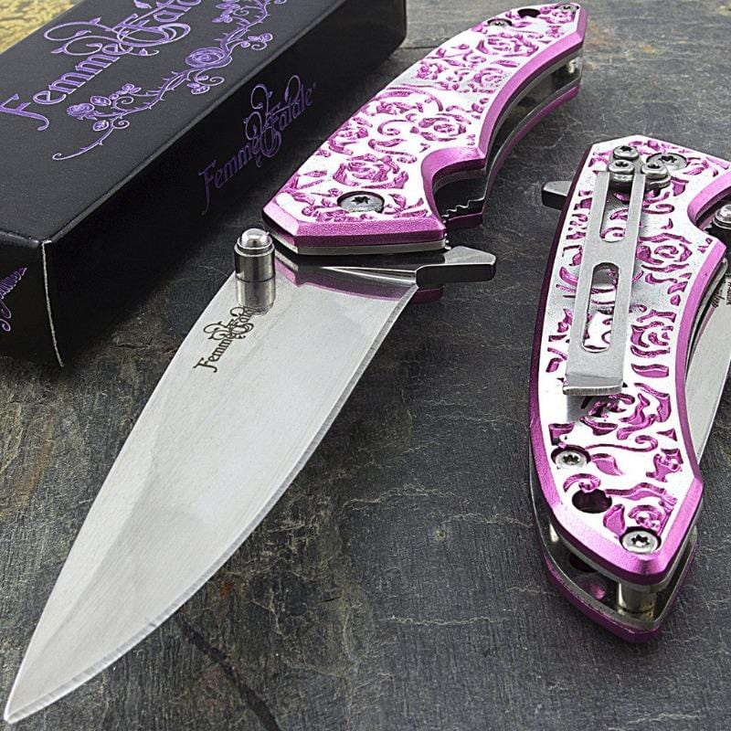 Defense Divas® Knives & Knuckles Engraved Pink Rose Femme Fatale Folding Pocket Knife