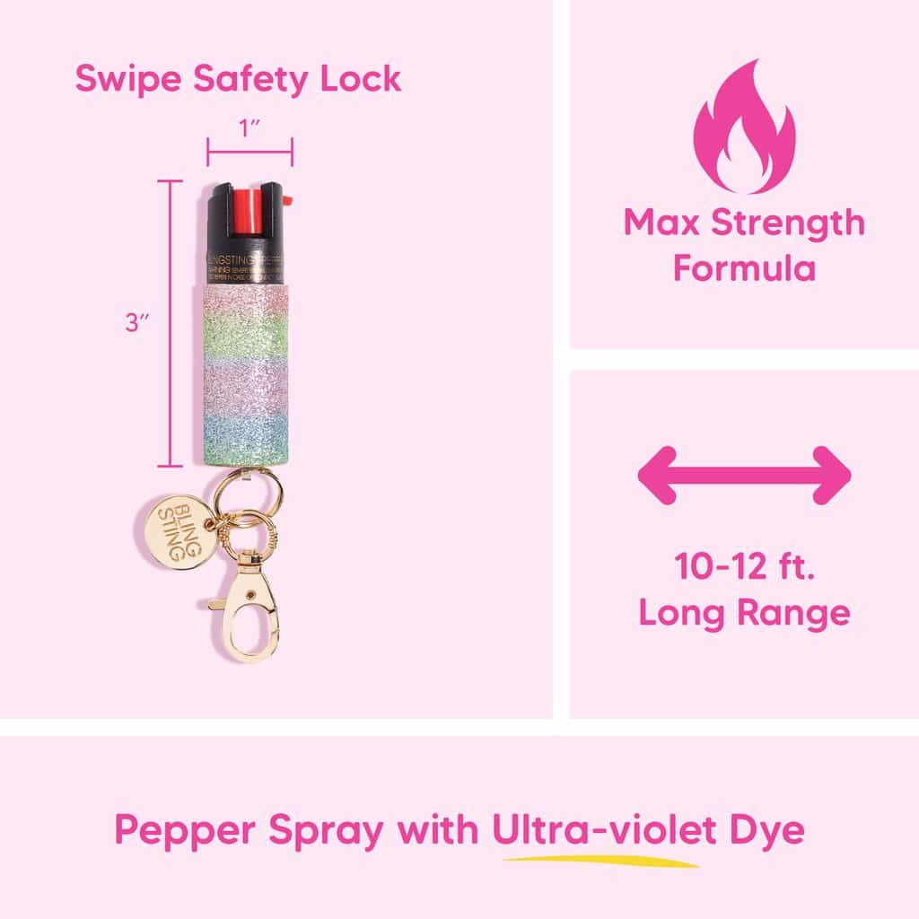 bling sting rainbow glow pepper spray keychain features