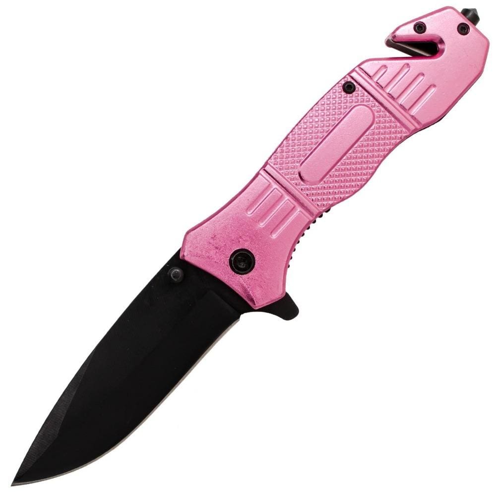 Defense Divas® Knives & Knuckles Pink Seatbelt Cutter & Glass Break Survival Drop Point Blade Knife