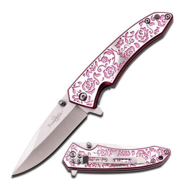 Defense Divas® Knives & Knuckles Engraved Pink Rose Femme Fatale Folding Pocket Knife