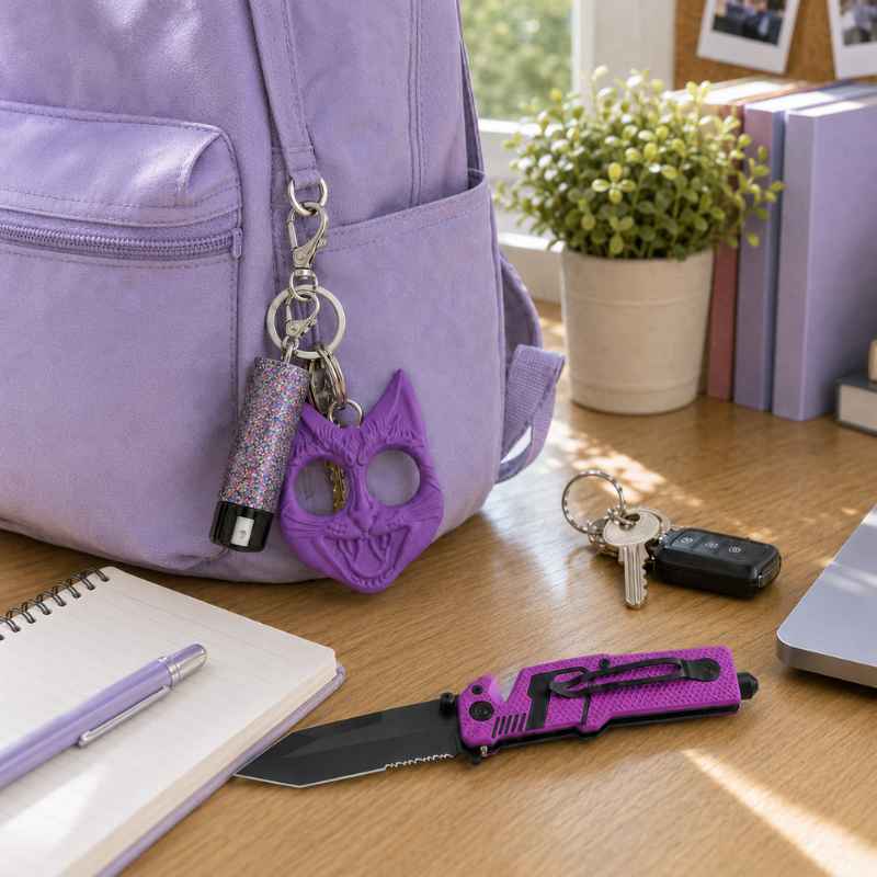A purple cat-shaped keychain and bling pepper spray with matching purple backpack are shown on a wooden desk beside a notebook, pen, folding knife, keys, and a potted plant.