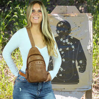 blonde-at-run-range-concealed-carry-taylor-leather-sling-backpack