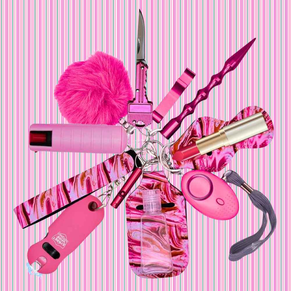 Pink multi-tool self defense keychain with various tools on a striped pink and white background