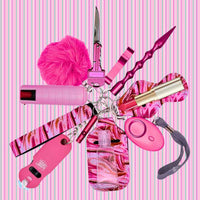Pink multi-tool self defense keychain with various tools on a striped pink and white background