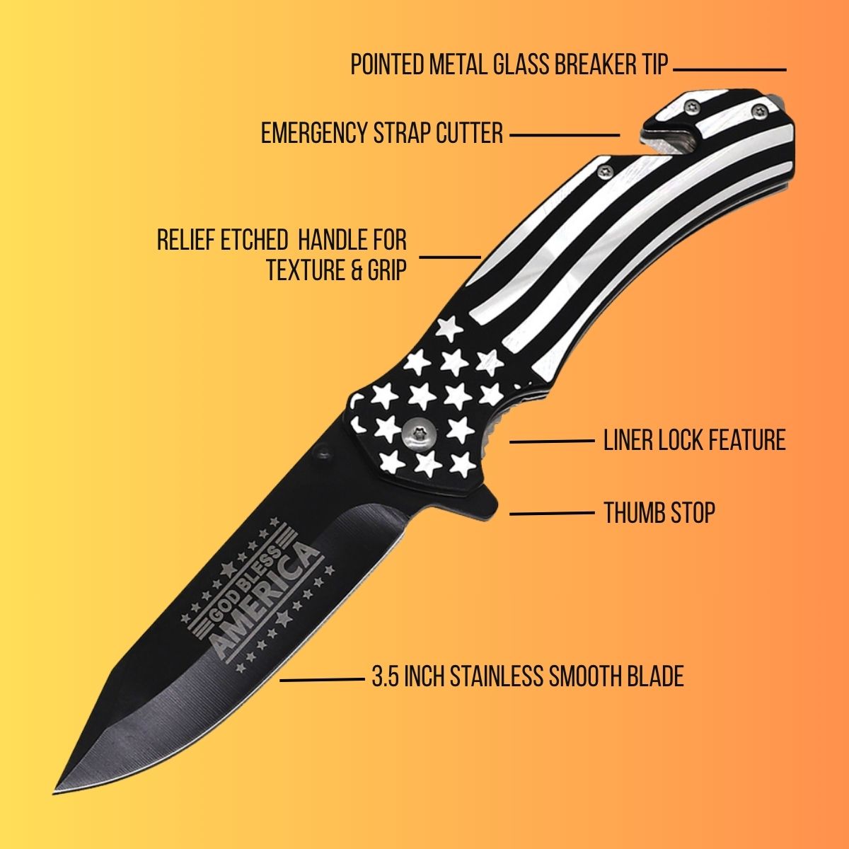 An American flag-themed folding pocket knife with labeled callouts pointing to its features, set against a yellow-to-orange gradient background.
