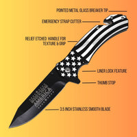 An American flag-themed folding pocket knife with labeled callouts pointing to its features, set against a yellow-to-orange gradient background.