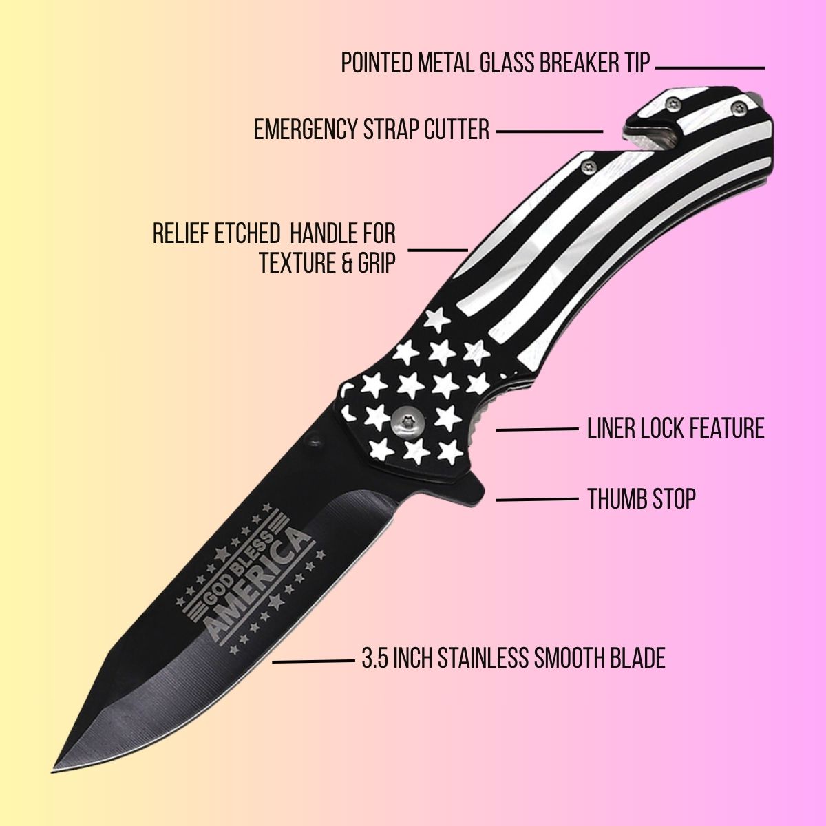 A pocket knife with a black and white American flag pattern handle and a black blade, shown with multiple callout lines and text labels explaining features like the pointed metal glass breaker tip, emergency strap cutter, relief etched handle, liner lock feature, thumb stop, and 3.5 inch stainless steel blade.