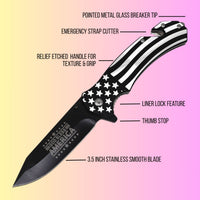 A pocket knife with a black and white American flag pattern handle and a black blade, shown with multiple callout lines and text labels explaining features like the pointed metal glass breaker tip, emergency strap cutter, relief etched handle, liner lock feature, thumb stop, and 3.5 inch stainless steel blade.