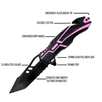A black and pink folding pocket knife shown on a white background with multiple callout labels pointing to features such as emergency glass break tip, seatbelt cutter, contoured grip handle, spring assisted liner lock, thumb stop, serrated and smooth cutting capabilities, and 3.5 inch steel blade.