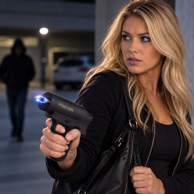 female-using-double-defender-pistol-grip-self-defense