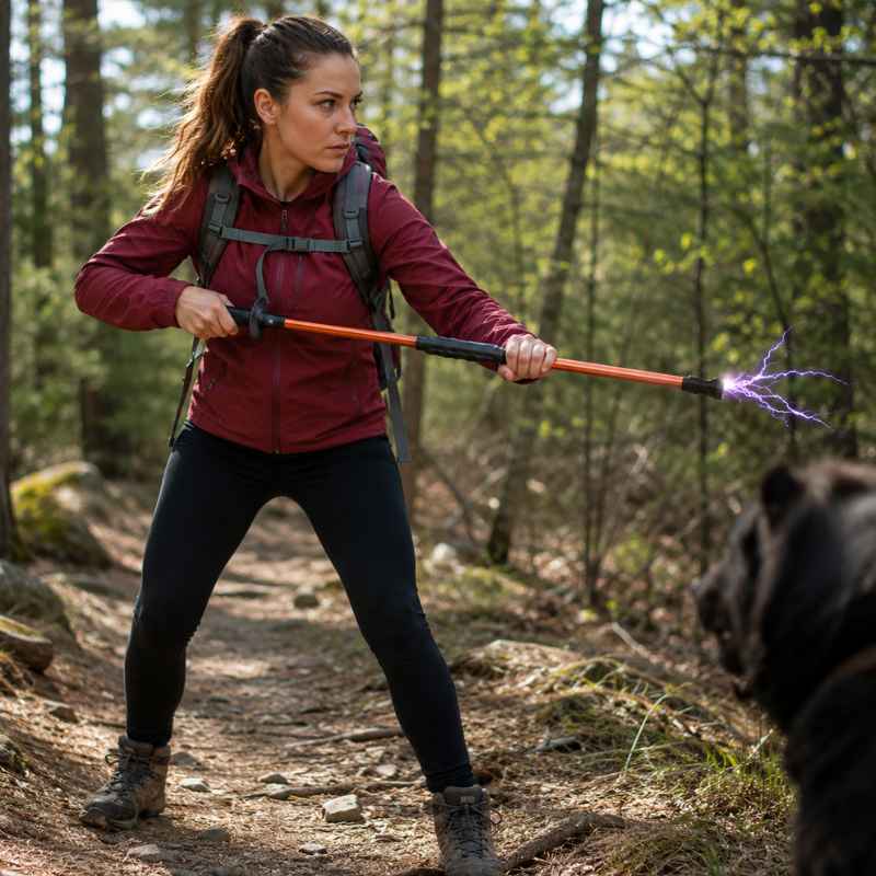 female-using-hike-strike-stun-gun-walking-stick