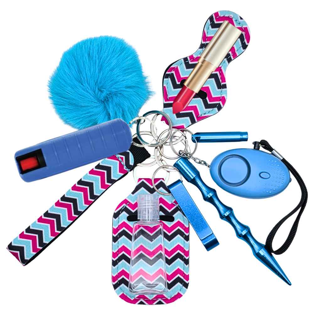 Collection of self-defense items with colorful zigzag pattern on a white background