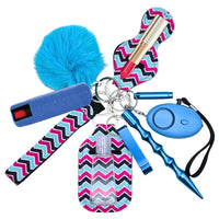 Collection of self-defense items with colorful zigzag pattern on a white background