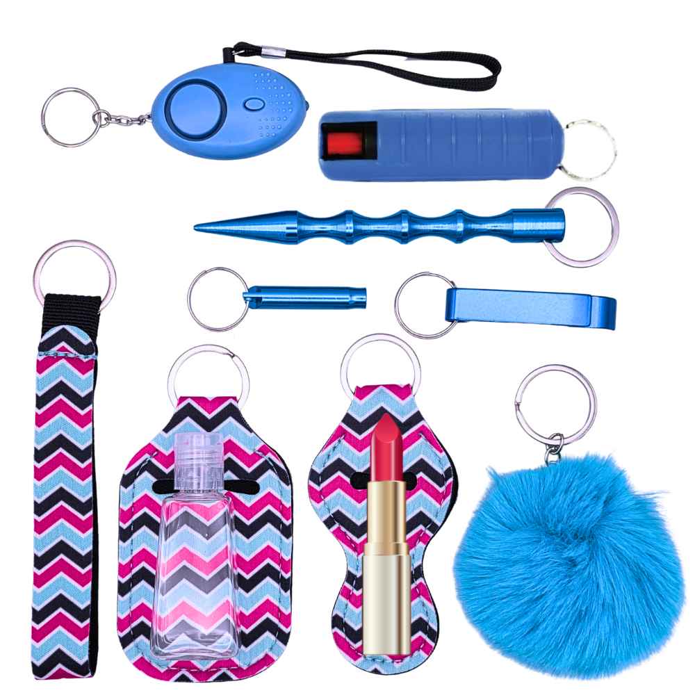 Collection of self defense keychain items including a blue pepper spray, blue flashlight, and other accessories on a white background.