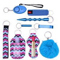 Collection of self defense keychain items including a blue pepper spray, blue flashlight, and other accessories on a white background.