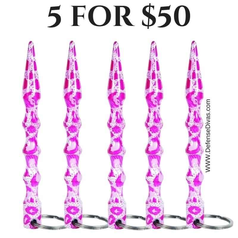 Defense Divas® Impact Self Defense 5 For $50 Pink Camo Pointed Solid Steel Kubotan Self Defense Key Chain $5 For $50 PINK