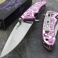 Thumbnail for Defense Divas® Knives & Knuckles Engraved Pink Rose Femme Fatale Folding Pocket Knife