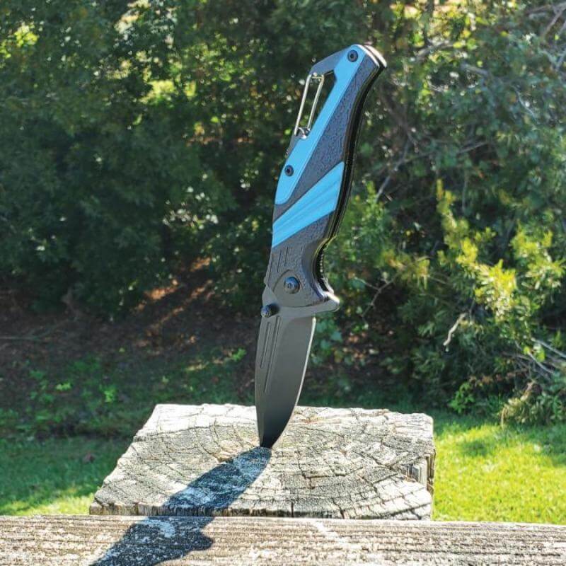 Defense Divas® Knives & Knuckles Blue Carabiner Folding Pocket Knife