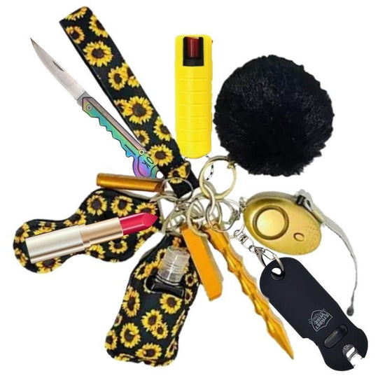 Self-defense keychain wristlet black and yellow chevron pom pom