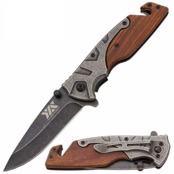 Defense Divas® Knives & Knuckles Stonewash Wood Rescue Tactical Folding Knife Glass Break Combo