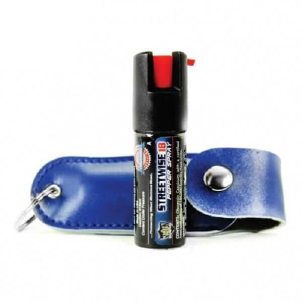 Defense Divas® Pepper Spray 18% OC Pepper Spray Leatherette Soft Case Key Ring Blue
