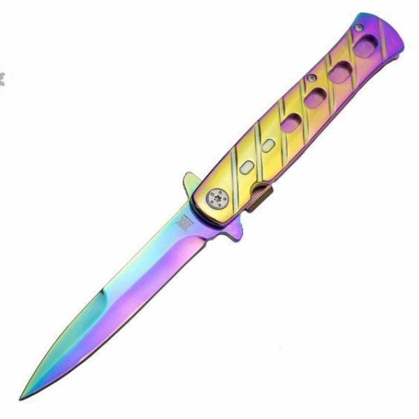 Defense Divas® Knives & Knuckles Rainbow Titanium Stiletto Folding Self-Defense Knife