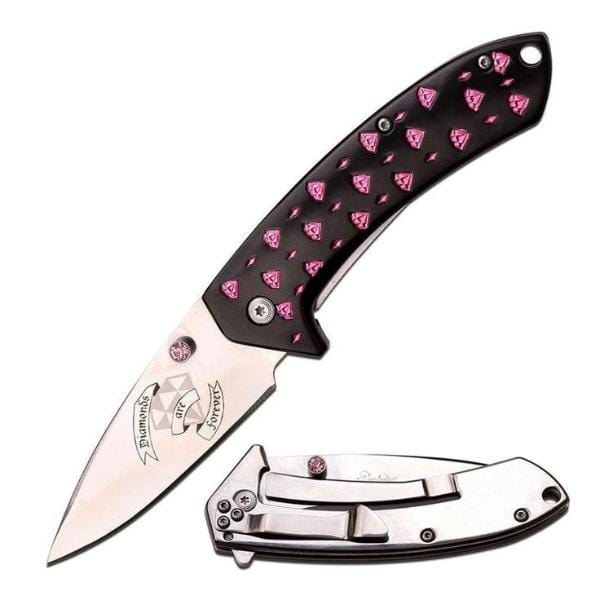 Defense Divas® Knives & Knuckles Pink & Black Rhinestone Femme Fatale Folding Pocket Knife