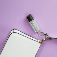 Thumbnail for defense divas bling and sting rhinestone pepper spray keychain silver self defense key ring mace lobster claw