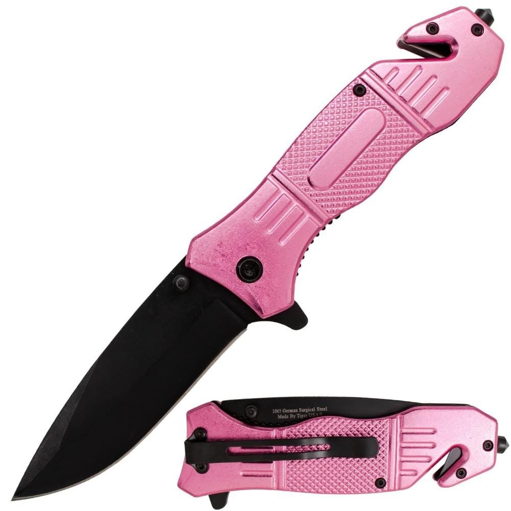 Defense Divas® Knives & Knuckles Pink Seatbelt Cutter & Glass Break Survival Drop Point Blade Knife