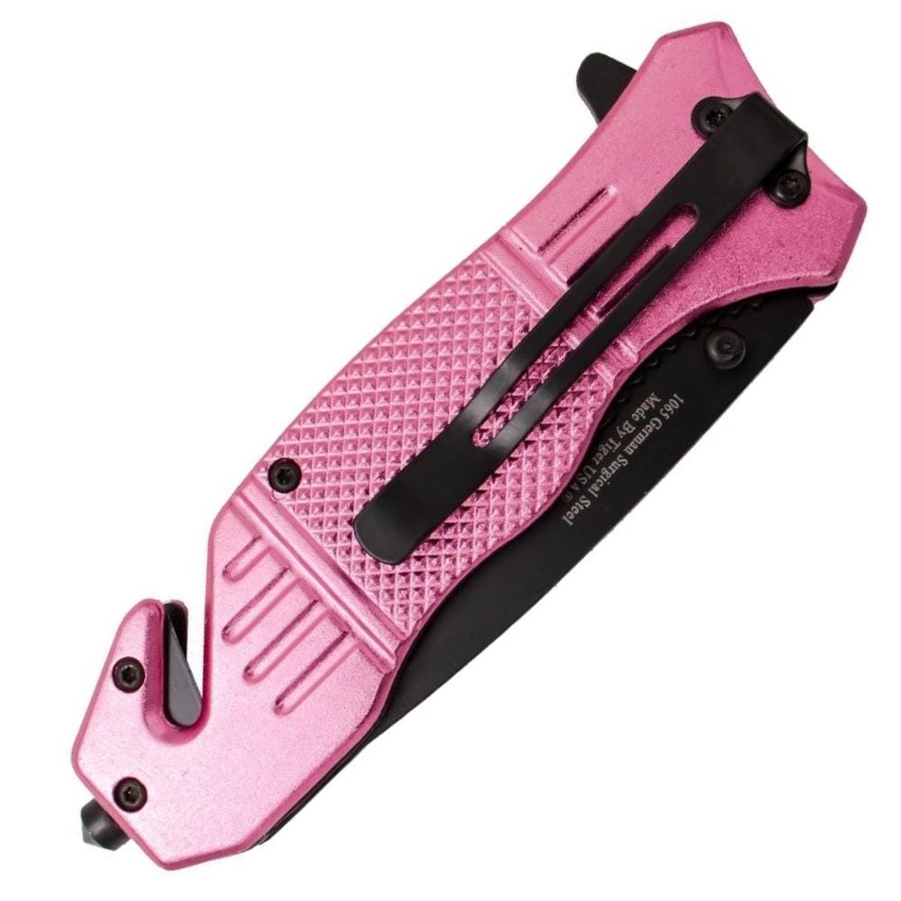 Defense Divas® Knives & Knuckles Pink Seatbelt Cutter & Glass Break Survival Drop Point Blade Knife