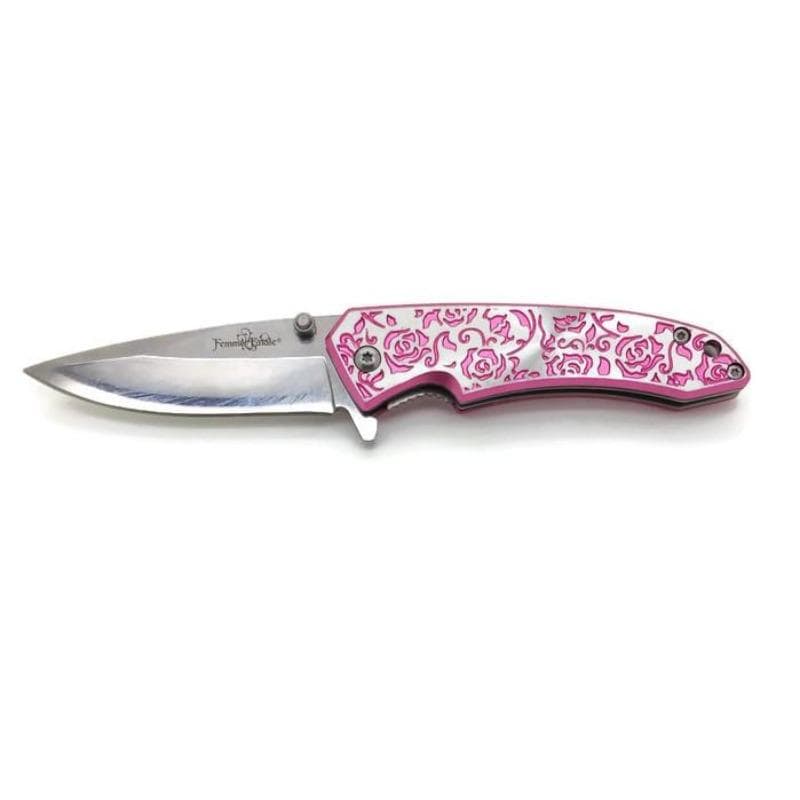Engraved Pink Rose Femme Fatale Folding Pocket Knife