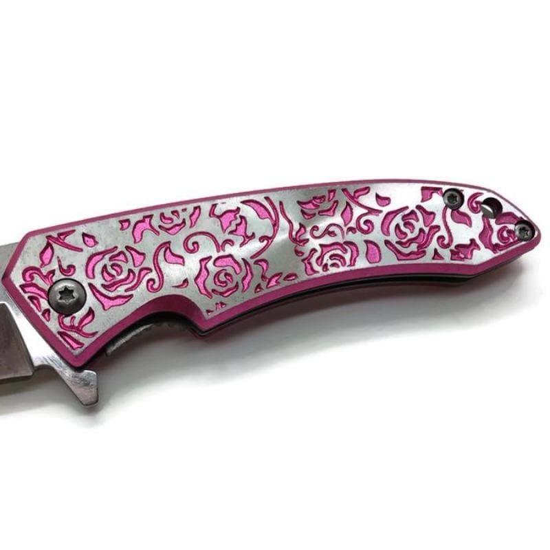 Defense Divas® Knives & Knuckles Engraved Pink Rose Femme Fatale Folding Pocket Knife