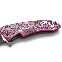 Thumbnail for Defense Divas® Knives & Knuckles Engraved Pink Rose Femme Fatale Folding Pocket Knife