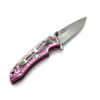 Thumbnail for Defense Divas® Knives & Knuckles Engraved Pink Rose Femme Fatale Folding Pocket Knife