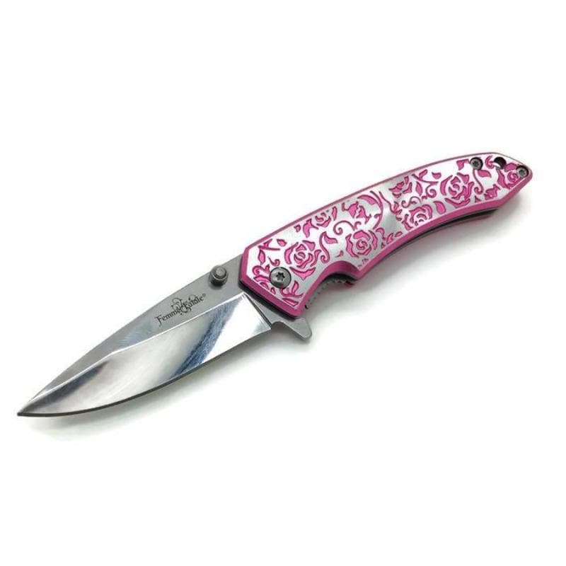 Defense Divas® Knives & Knuckles Engraved Pink Rose Femme Fatale Folding Pocket Knife