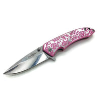 Thumbnail for Defense Divas® Knives & Knuckles Engraved Pink Rose Femme Fatale Folding Pocket Knife