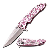 Thumbnail for Defense Divas® Knives & Knuckles Engraved Pink Rose Femme Fatale Folding Pocket Knife