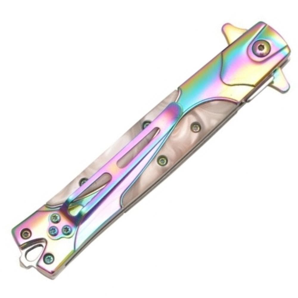 Defense Divas® Knives & Knuckles Rainbow Pearl Stiletto Folding Self-Defense Knife