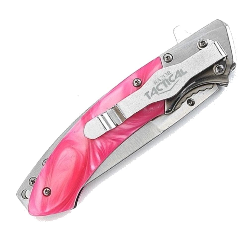 Rainbow Blade Spring Assist knife W/ Pink Pearl Handle